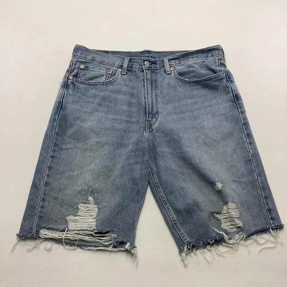 Levis 469 Denim Shorts Mens 34 Blue Distressed Cutoff 11 Inseam Bermuda Casual